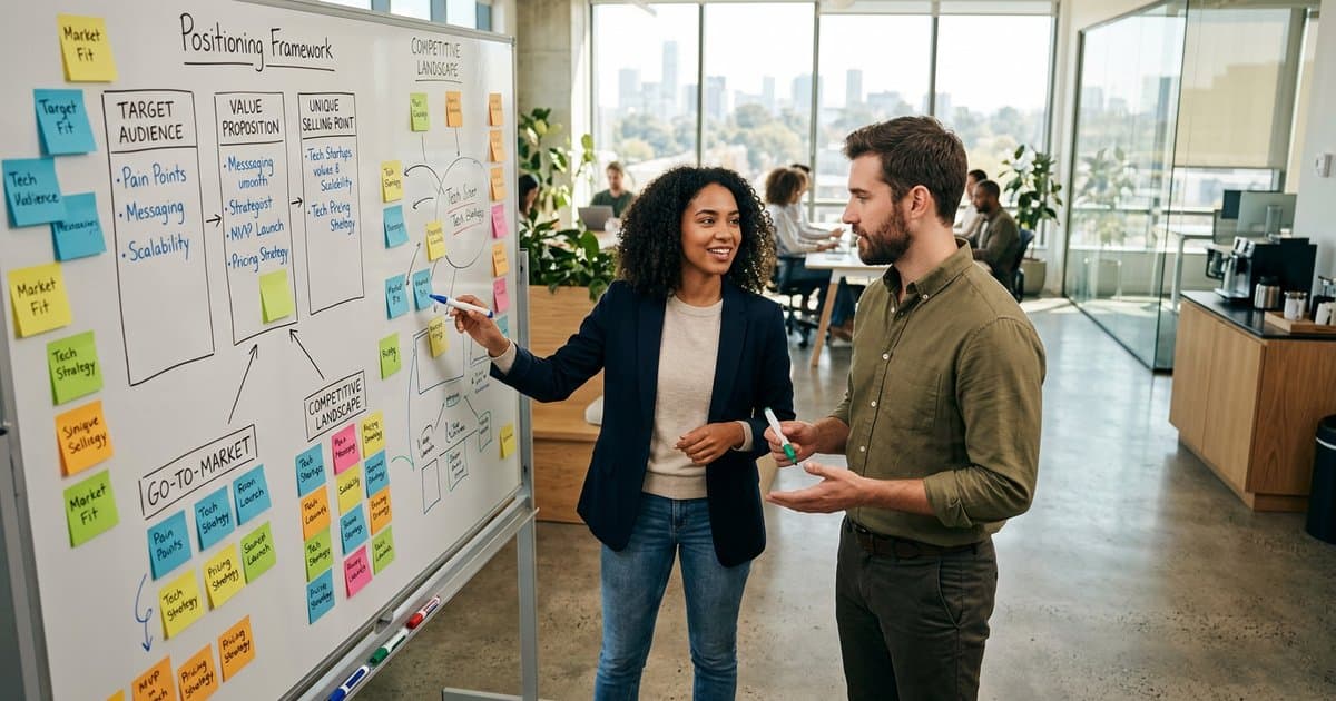 Startup team working on positioning strategy with sticky notes on a whiteboard