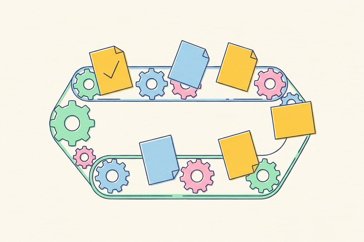 Illustration of paper cards moving around a conveyor loop with gears, one card ticked