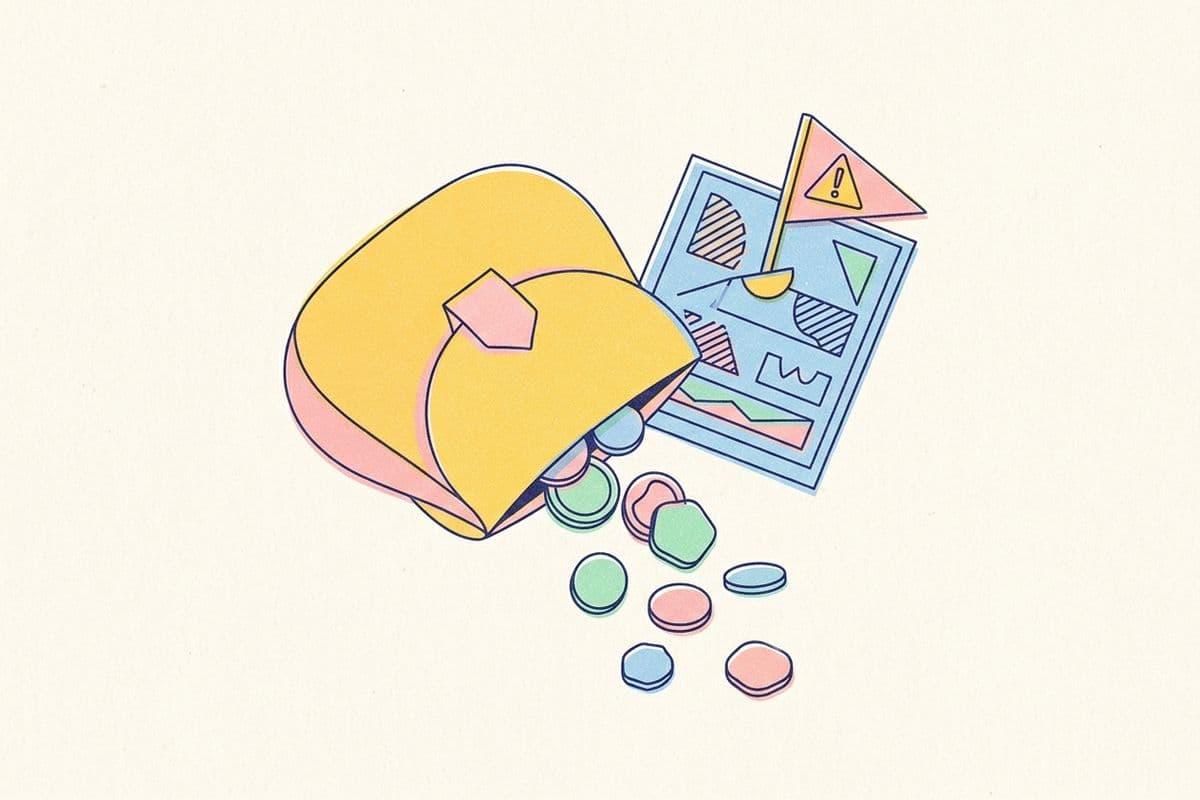 Illustration of a coin purse with coins slipping out through a hole, next to an ad card with a warning flag