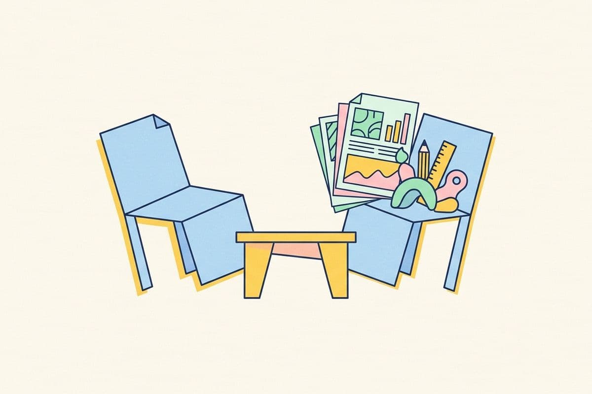 Illustration of two chairs at a small table, one plain and one beside a pile of charts and tools
