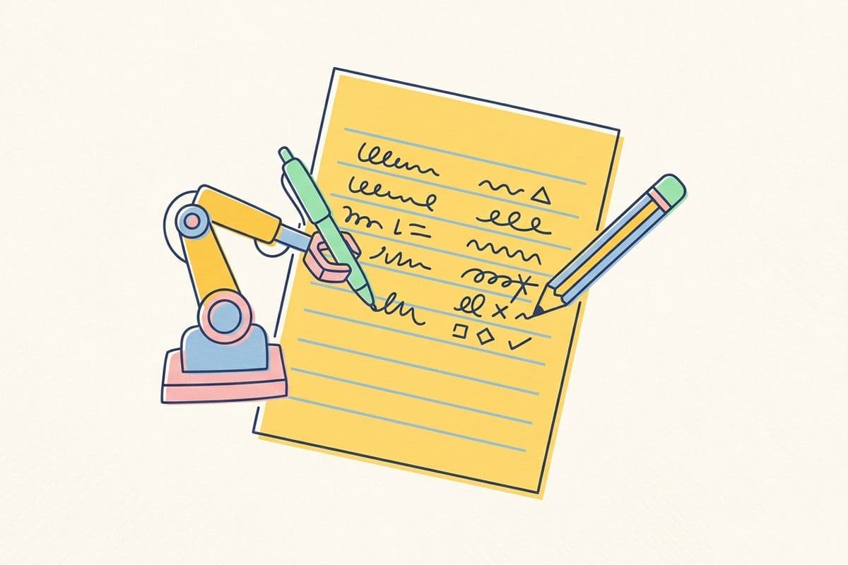 Illustration of a robot arm drafting a page while a pencil makes edits beside it