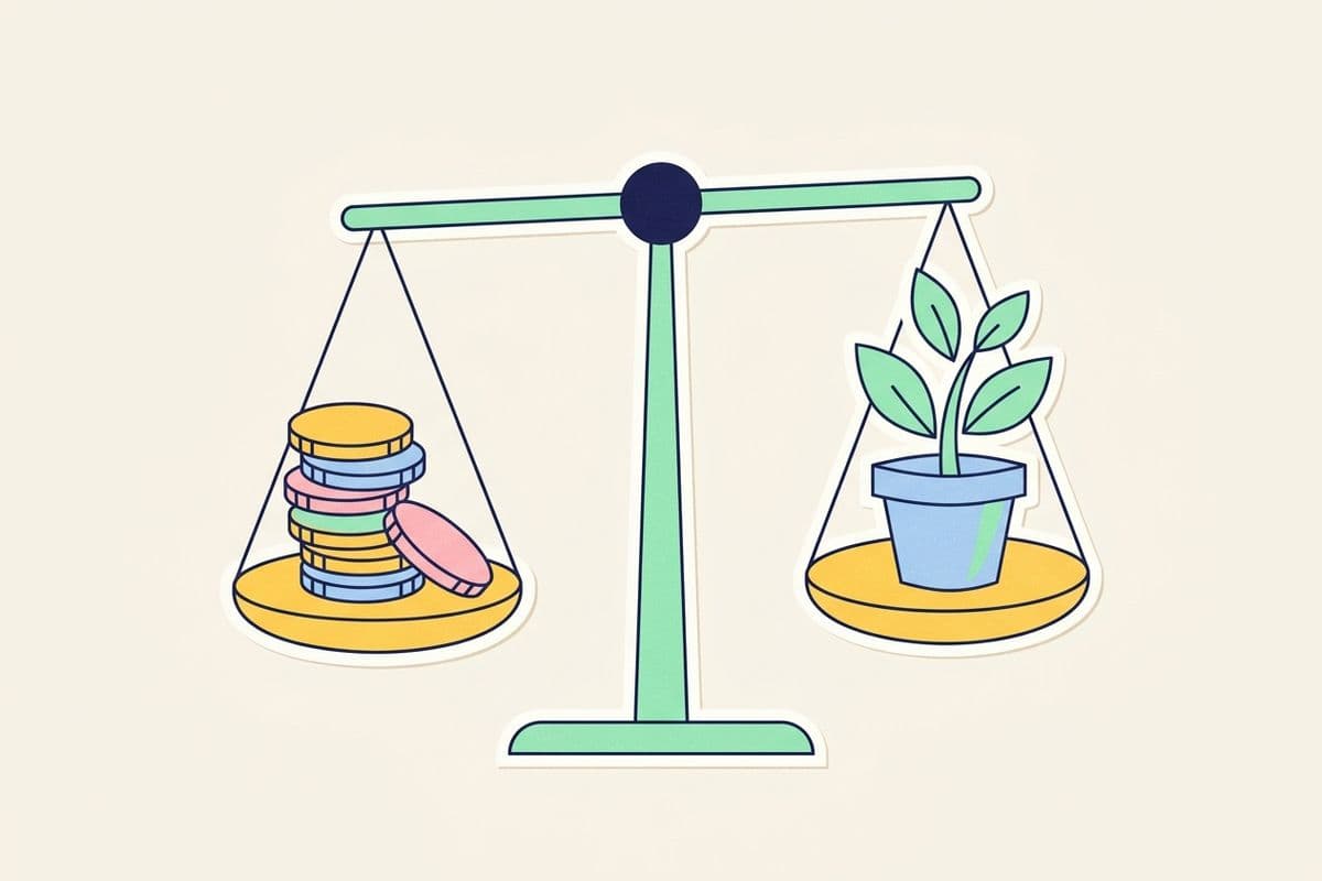 Illustration of a balance scale weighing a stack of coins against a small growing plant