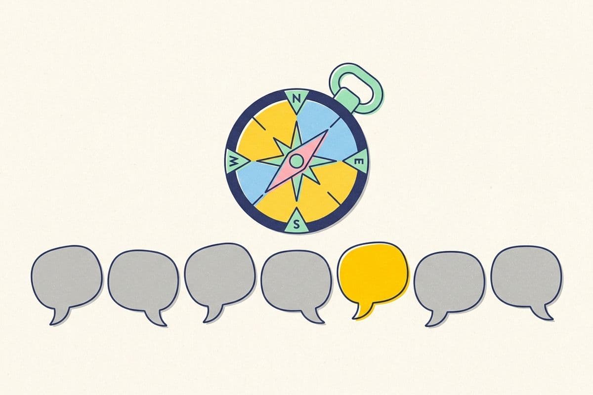 Illustration of a compass above a row of grey speech bubbles with one yellow bubble standing out